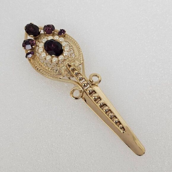 Napier Brooch Pin Large Sword Dagger Purple Rhinestone Pearl Art Deco Rare Vtg - Picture 1 of 16